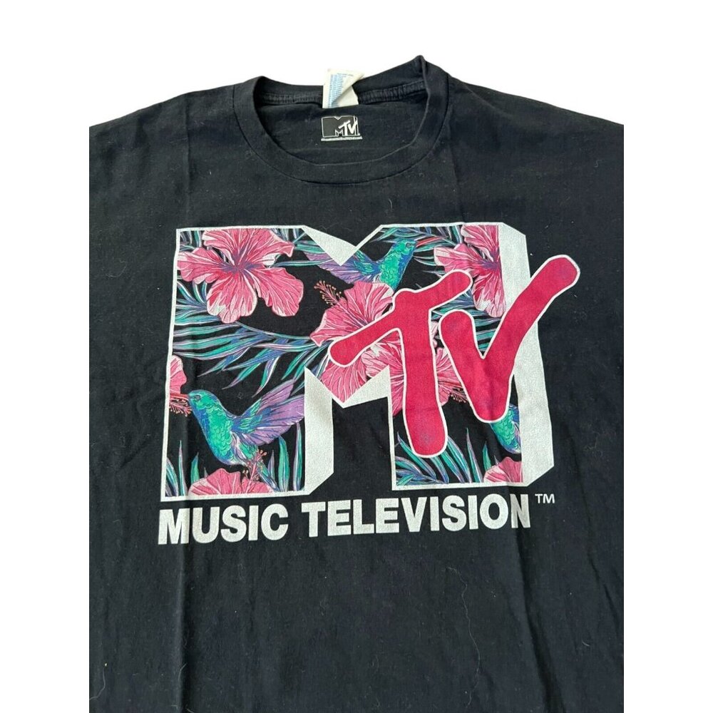 MTV Music Television Black T-Shirt Size XL Flower Graphic Printed - Picture 2 of 7